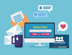 A monitor with a "Subscribe!" with many message logos surrounding it